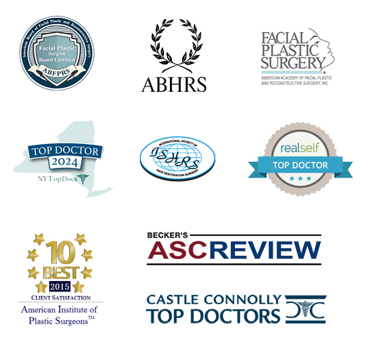 Collection of logos including ABFPRS, ABHRS, American Academy of Facial Plastic and Reconstructive Surgery, NY Top Docs 2016 Top Doctor, ISHRS, realself Top Doctor, American Institute of Plastic Surgeons 2015 Client Satisfaction, Becker's ASCReview, Castle Connolly Top Doctors